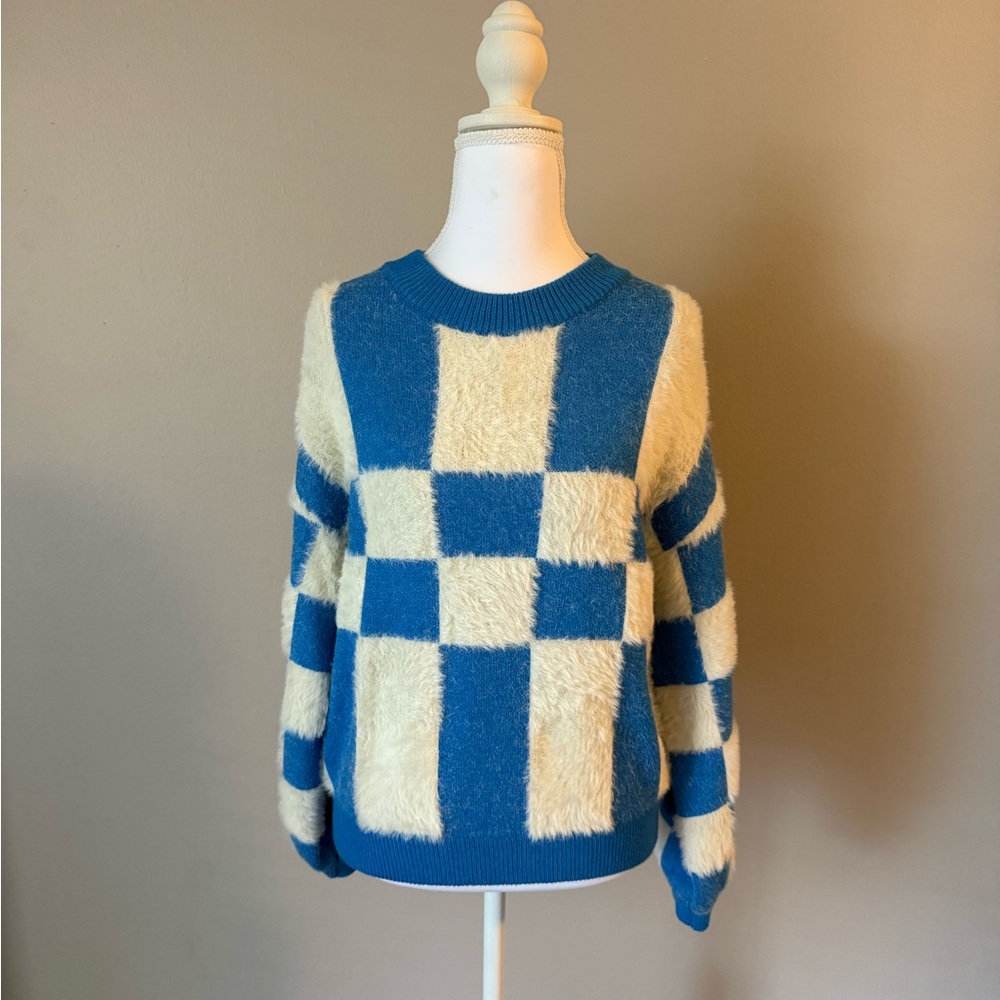 FRNCH Lio Blue White Abstract Color Block Cozy Fuzzy Sweater